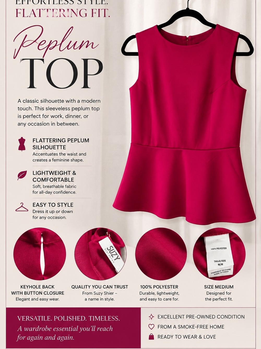 Suzy Shier Women's Sleeveless Peplum Top - Fuchsia